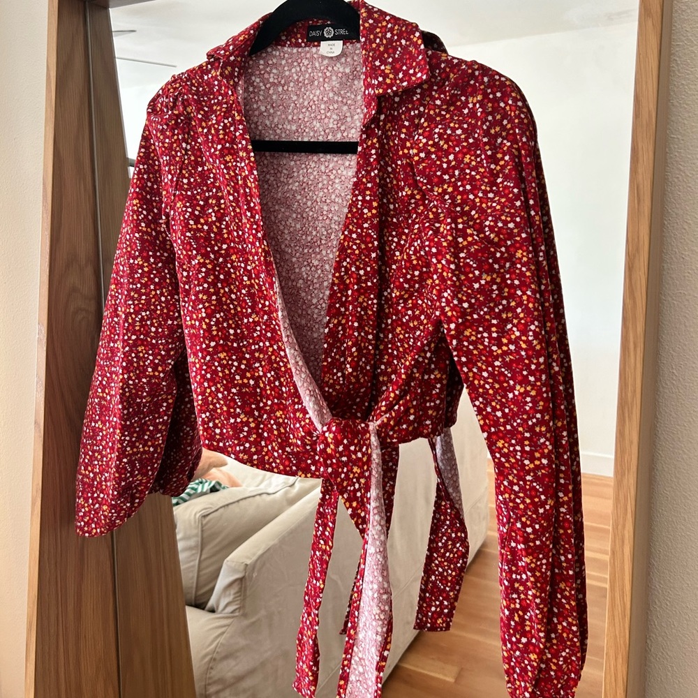 Long sleeve floral wrap blouse from urban outfitters, worn once, corduroy
